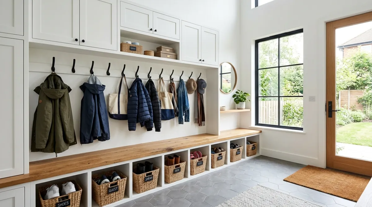 Modern mudroom with white cabinetry, wood bench, black hooks, and organized cubbies.