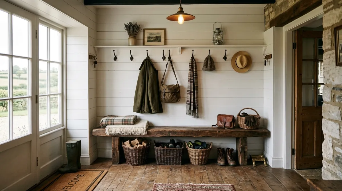 Rustic mudroom with reclaimed wood bench, shiplap, vintage hooks, and woven baskets.