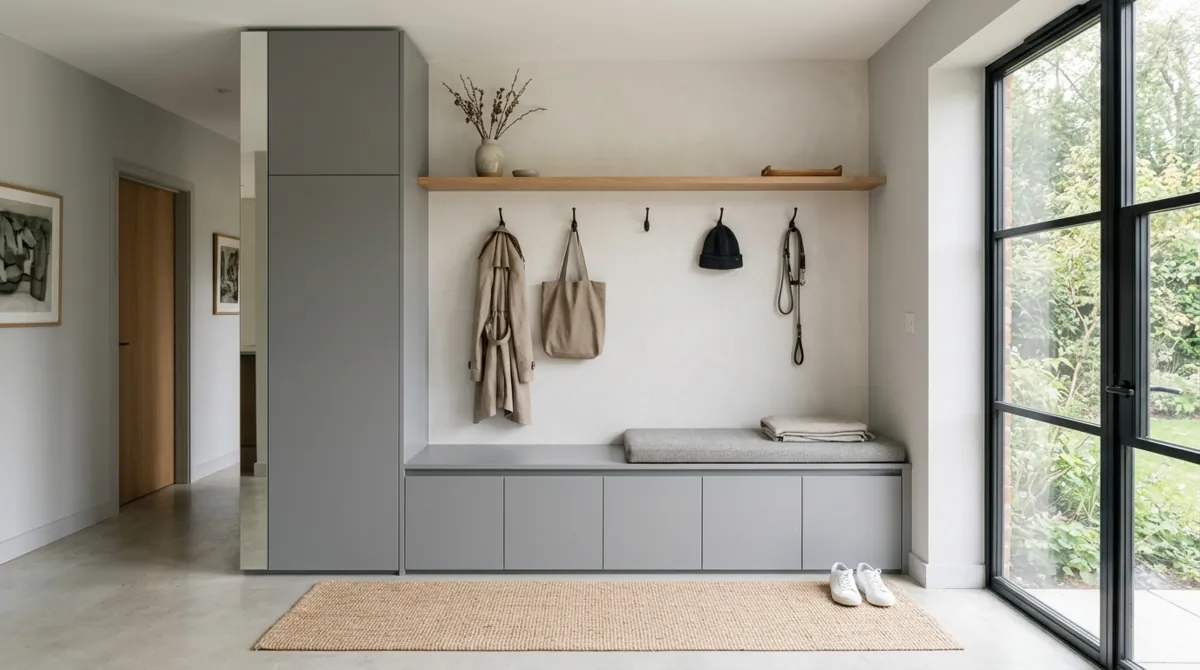 Minimal mudroom with gray built-in bench, hidden shoe storage, and black hooks.