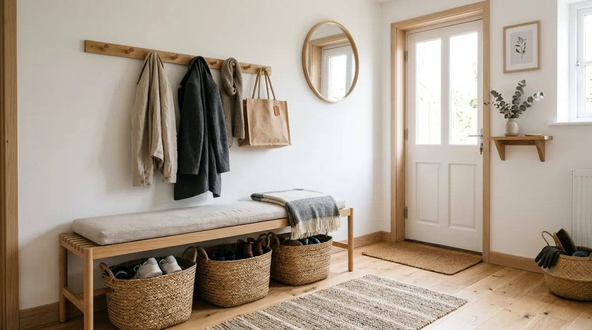 Scandinavian mudroom with light wood bench, white walls, hooks, and woven baskets.
