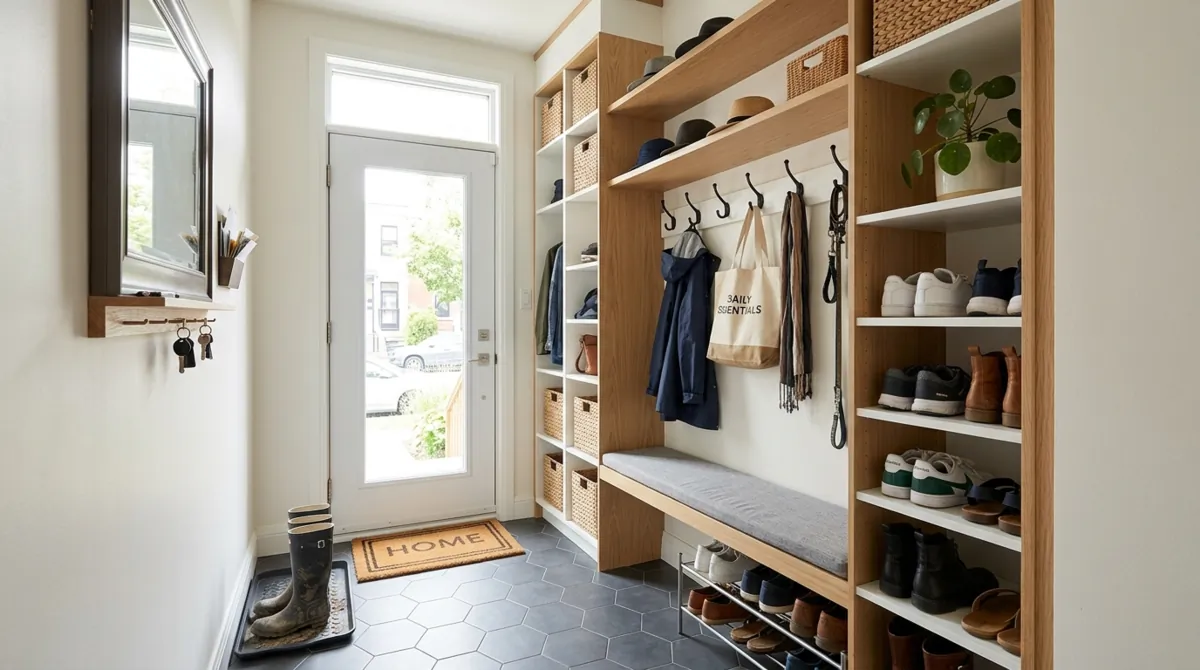 Compact urban mudroom with vertical storage, slim bench, and wall hooks.