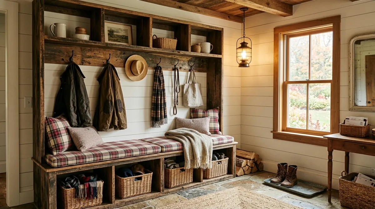 Farmhouse mudroom with cubby storage, plaid bench cushion, distressed wood, and hooks.
