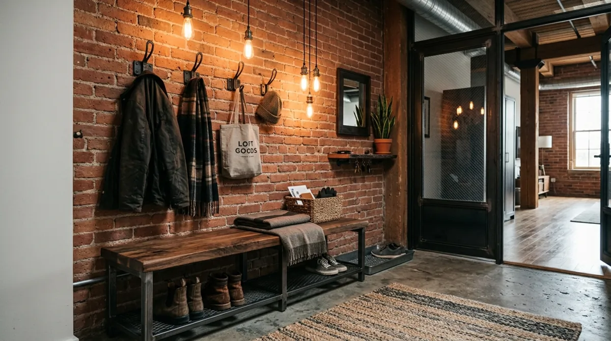 Industrial mudroom with black hooks, wood and steel bench, brick wall, and Edison lighting.