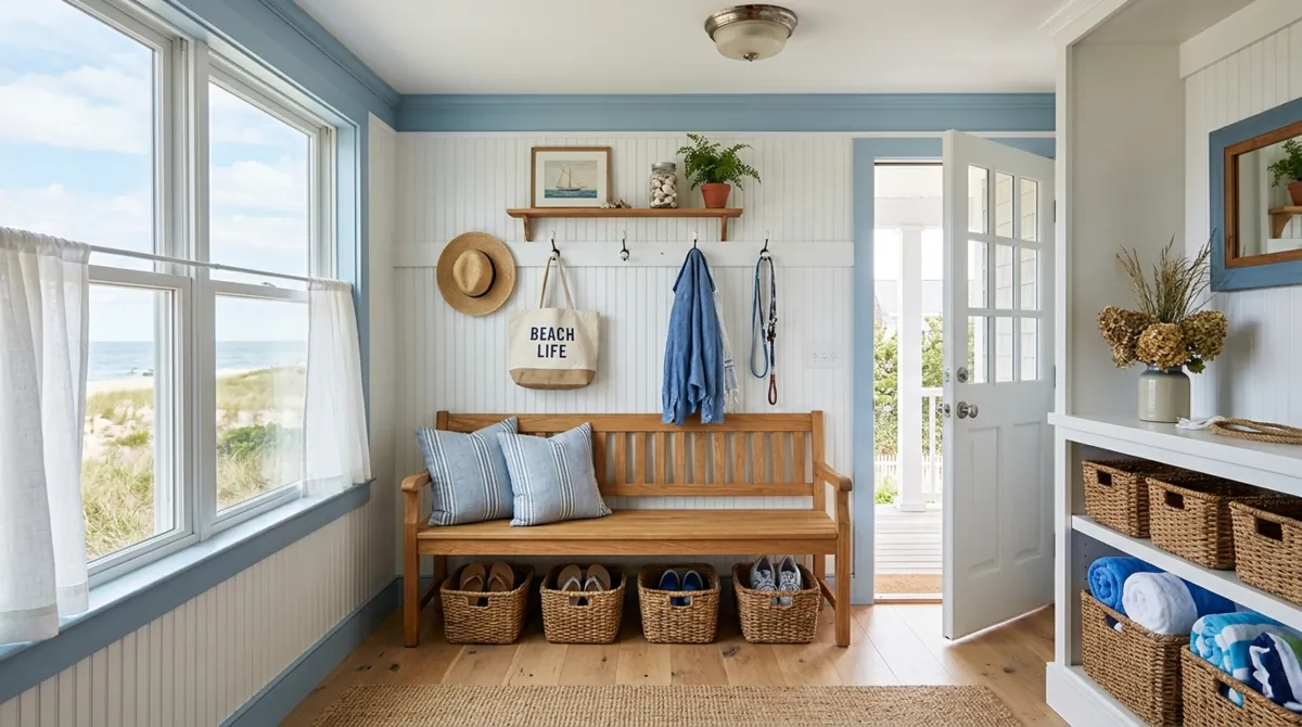 Coastal mudroom with white beadboard, blue accents, wicker baskets, and wood bench.