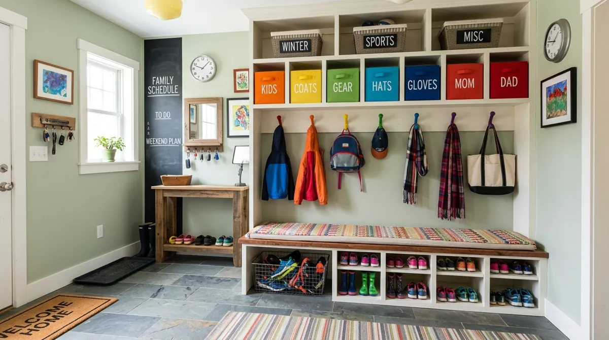 Family mudroom with labeled bins, durable bench, shoe cubbies, and colorful organization.
