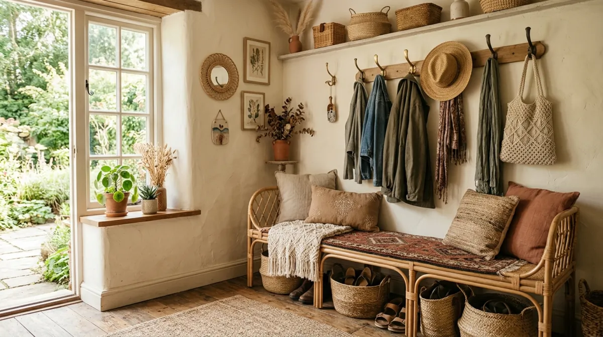 Bohemian mudroom with rattan bench, woven baskets, eclectic hooks, and earthy tones.