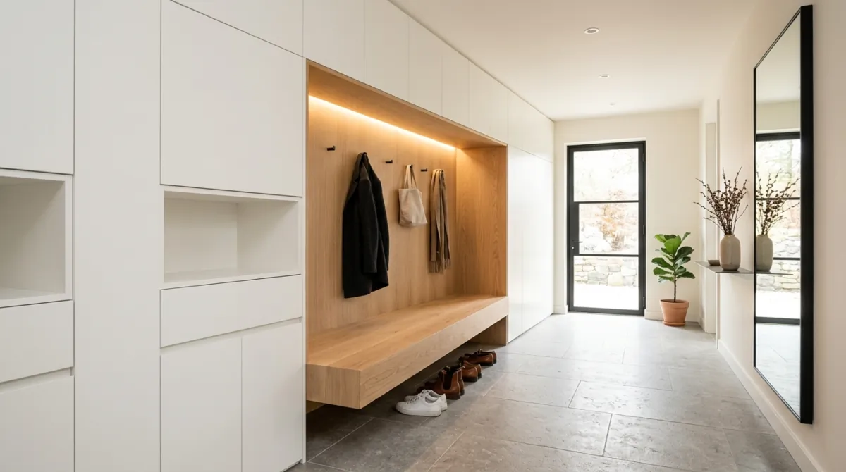 Minimal luxury mudroom with handleless white cabinetry, floating bench, and LED lighting.