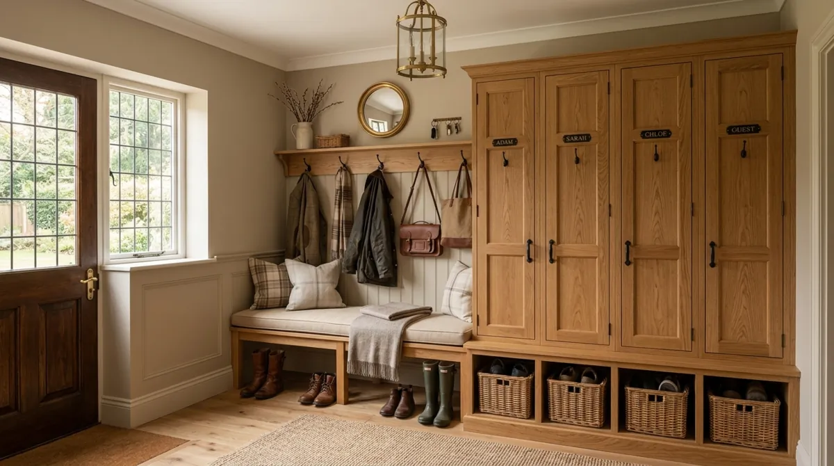 Traditional mudroom with wooden built-in lockers, bench seating, hooks, and neutral tones.