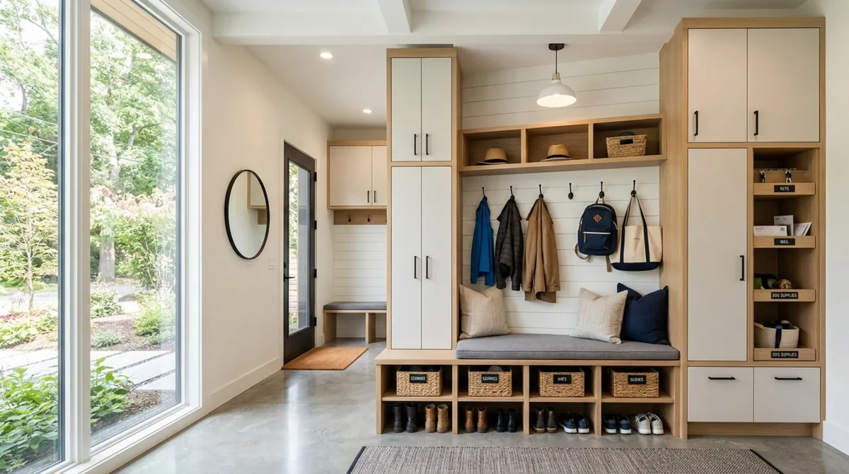Modern mudroom with floor-to-ceiling storage, integrated bench, and organized compartments.