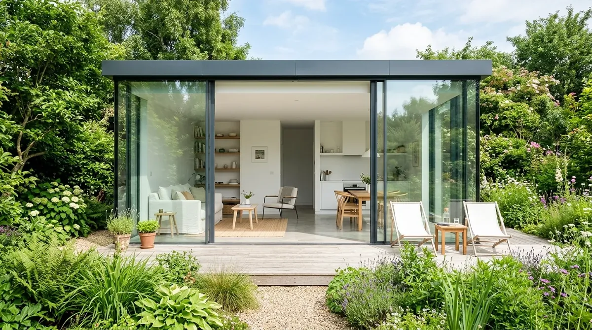 Modern glass summer house with floor-to-ceiling windows and sliding doors opening to a lush garden.