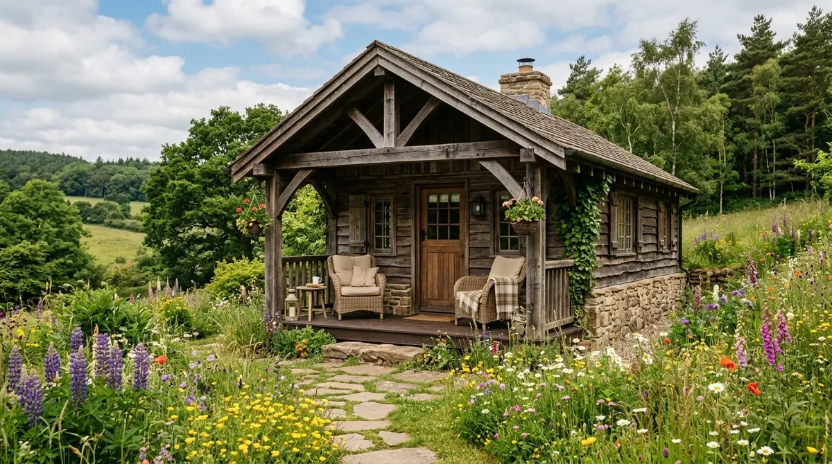 Rustic wooden summer house with exposed beams, stone base, cozy seating, and wildflower garden.