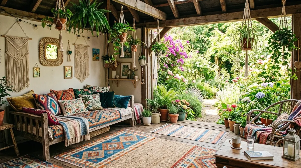 Bohemian summer house with rugs, hanging plants, cushions, and eclectic styling in vibrant garden surroundings.