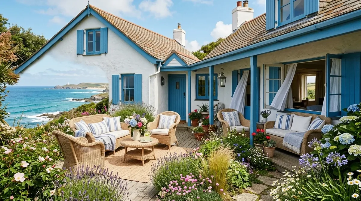 Coastal-style summer house with whitewashed exterior, blue accents, wicker furniture, and breezy garden views.