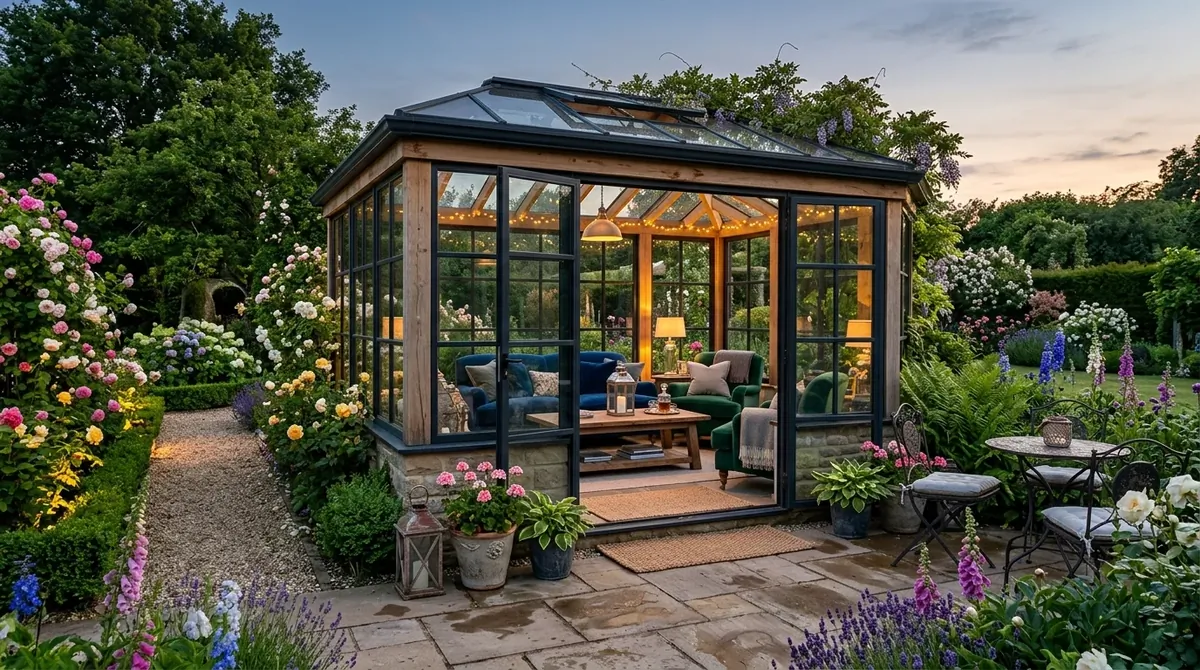 Luxury summer house with elegant glass structure, velvet seating, ambient lighting, and landscaped floral setting.
