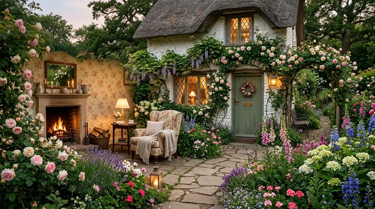 Cottage-style summer house with floral wallpaper, vintage furniture, fireplace, and romantic garden path.