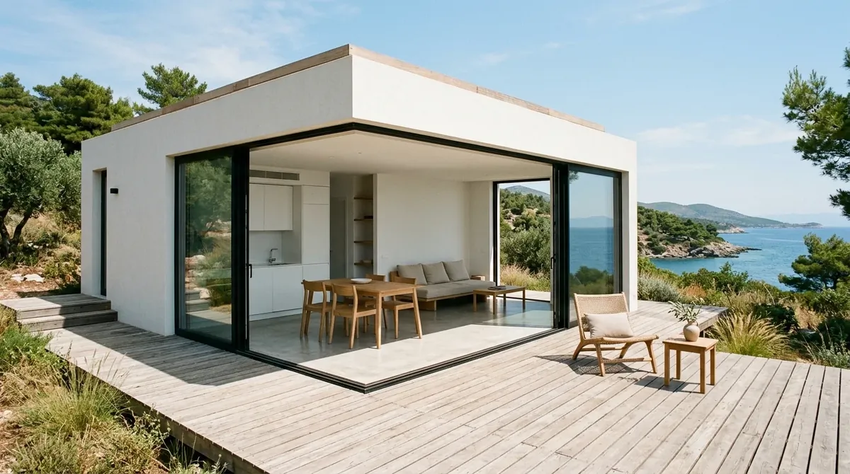 Minimalist summer house with white walls, simple wood furniture, and large glass doors to nature.