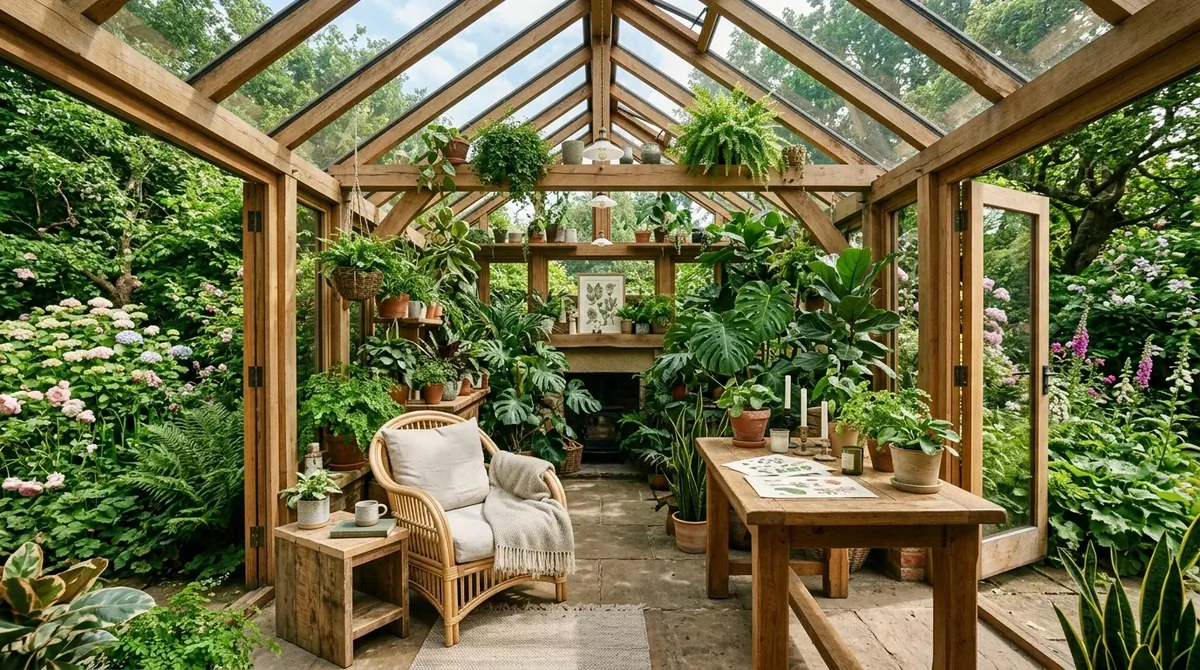 Greenhouse-inspired summer house with glass roof, indoor plants, wood furniture, and botanical surroundings.