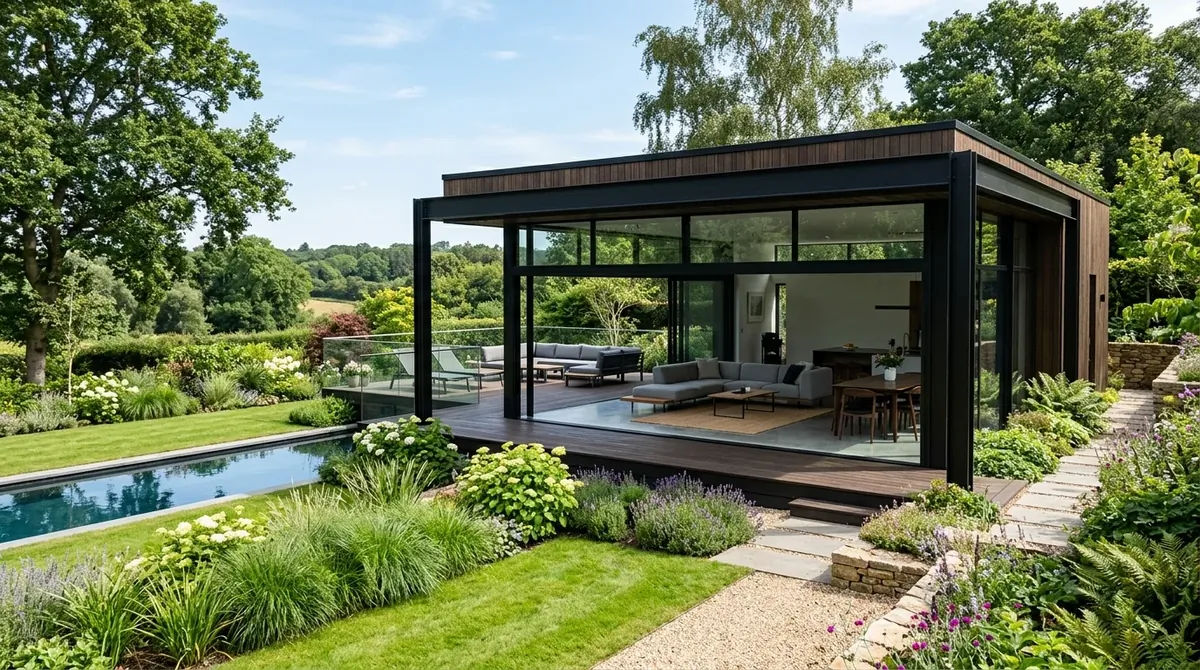 Contemporary summer house with black framing, modular furniture, and manicured garden outlook.