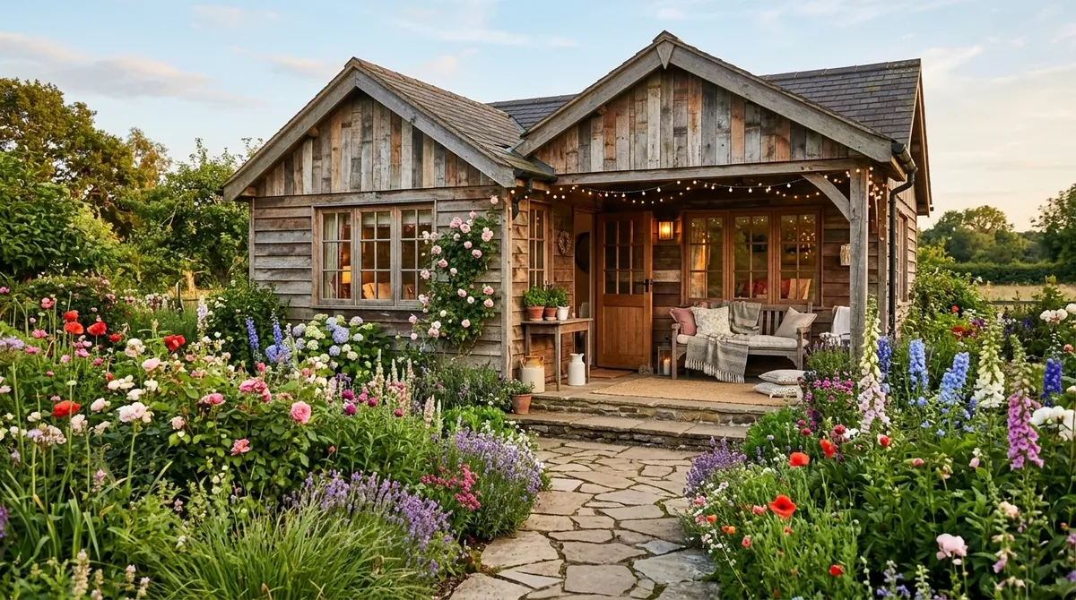 Rustic chic summer house with reclaimed wood walls, soft light, cozy textiles, and stone garden path.