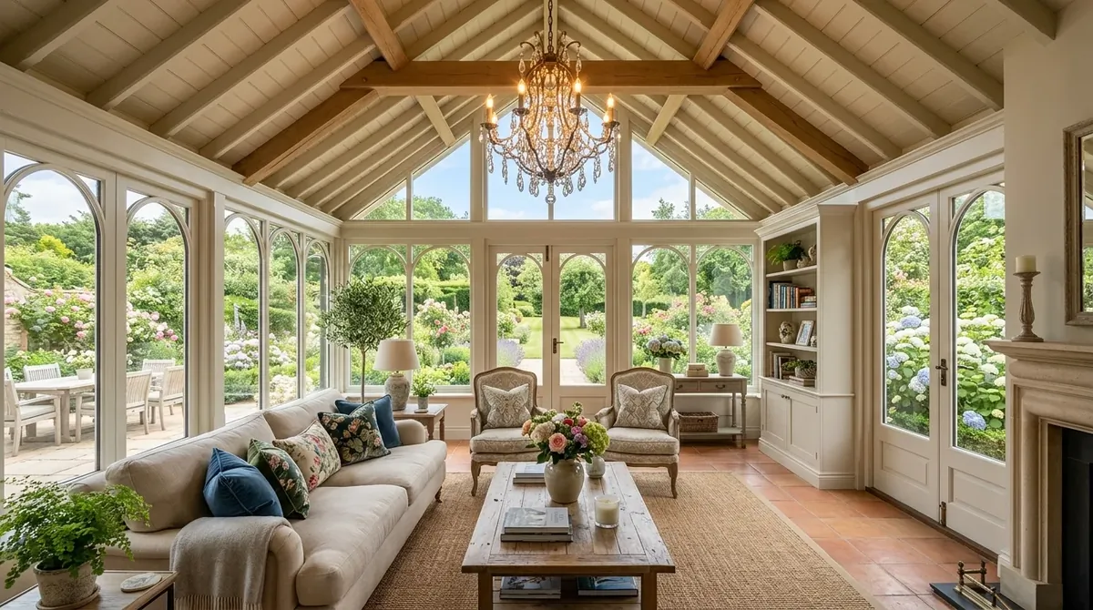 Elegant summer house pavilion with vaulted ceiling, chandelier, plush seating, and panoramic garden views.