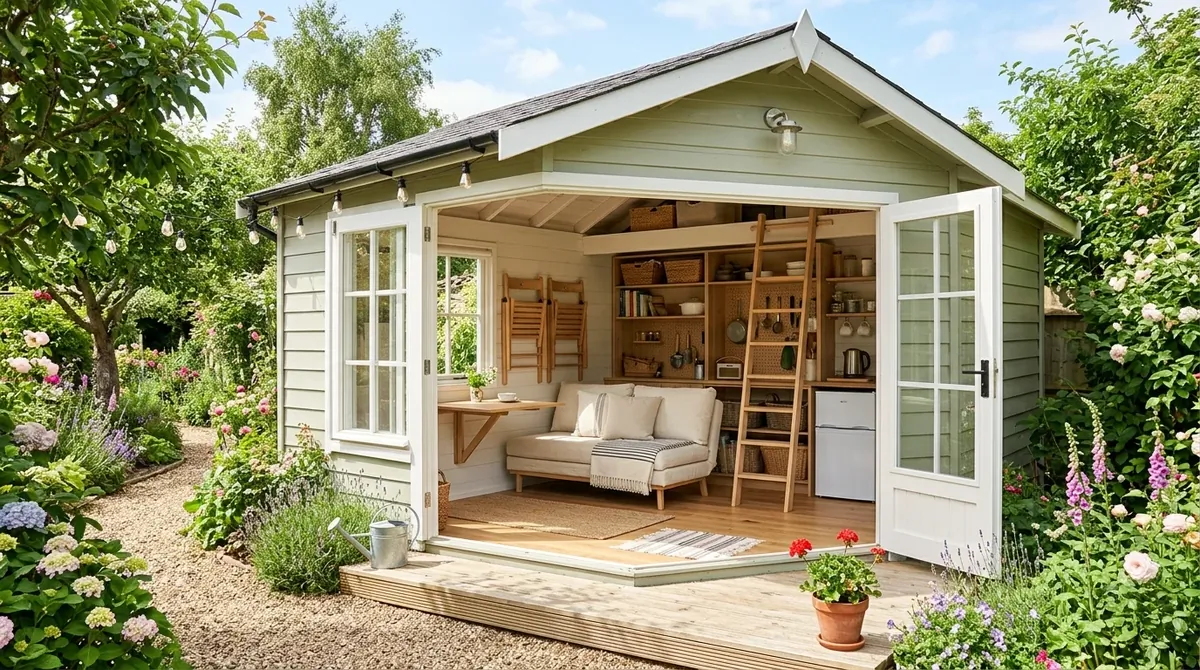 Small summer house with foldable seating, built-in storage, bright layout, and practical garden retreat design.