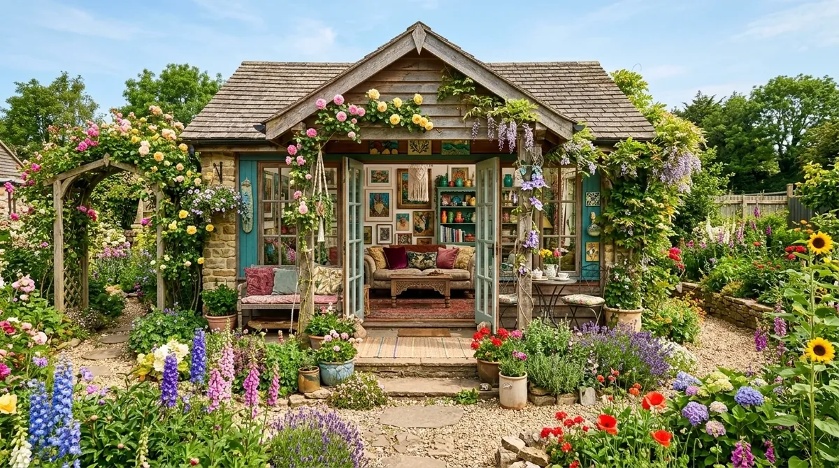 Artistic summer house with gallery walls, mixed textures, colorful decor, and blooming garden connection.