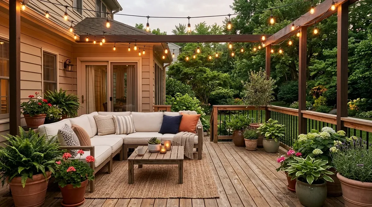 Inviting back deck with lounge seating, warm wood planks, potted plants, and evening string lights.
