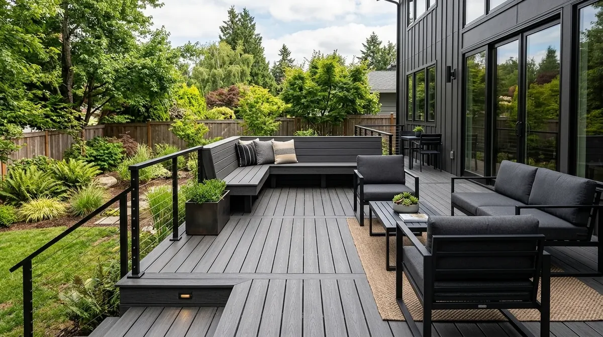 Back deck with dining table, umbrella shade, simple planters, and an easy entertaining layout.