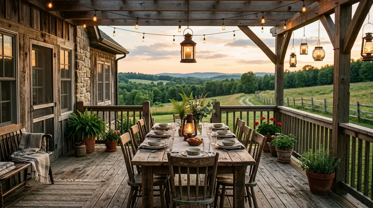 Wood deck with pergola, soft curtains, layered seating, and filtered afternoon light.