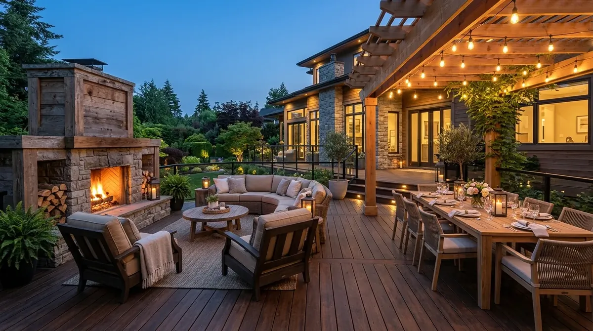 Compact back deck with bistro seating, railing planters, and a warm intimate layout.