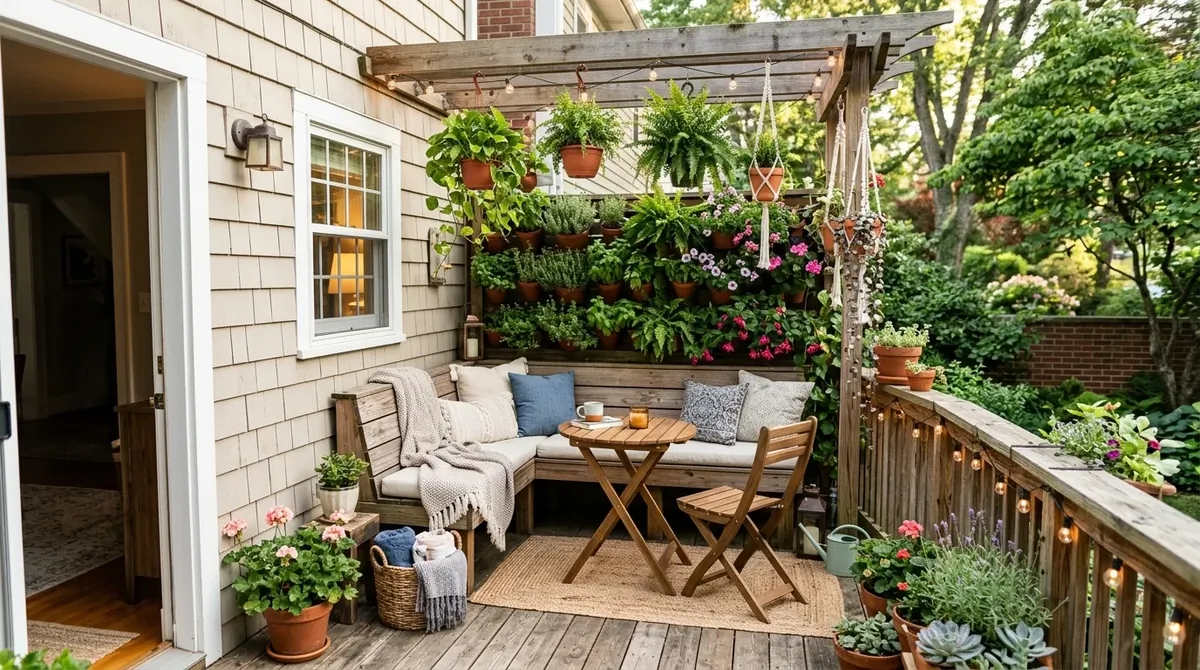 Modern back deck with clean-lined furniture, neutral cushions, and tidy built-in planters.