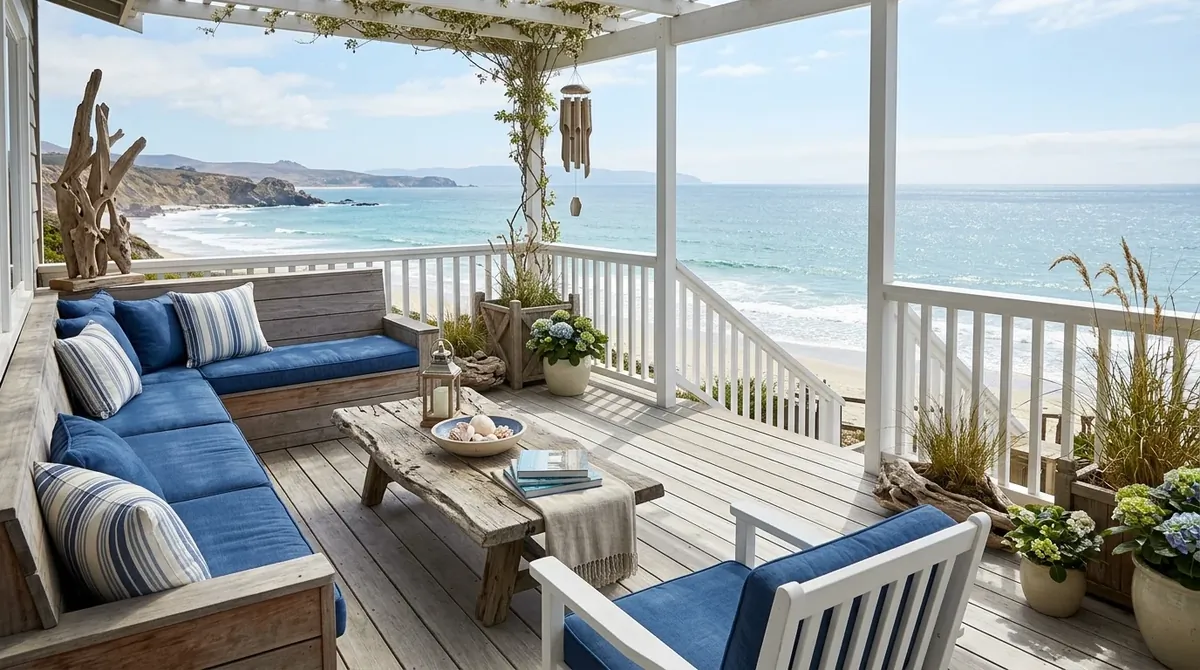 Rustic deck with wood benches, lanterns, casual textiles, and relaxed farmhouse warmth.