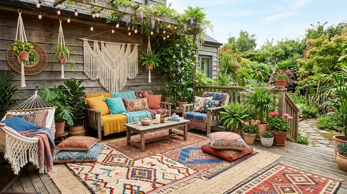 Back deck featuring a fire pit lounge area, simple chairs, and cozy evening glow.