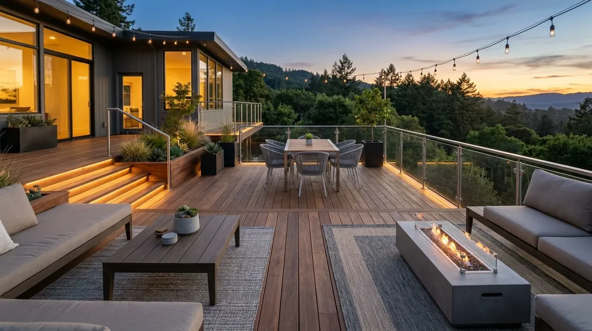 Large deck with grill station, prep counter, bar stools, and entertaining-ready flow.