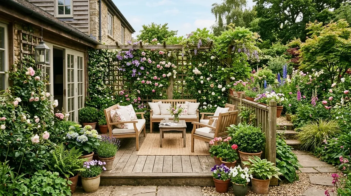 Back deck near pool with loungers, greenery, and breezy resort-inspired styling.