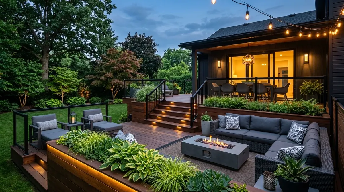 Wood deck with privacy slats, layered seating, and sheltered outdoor comfort.