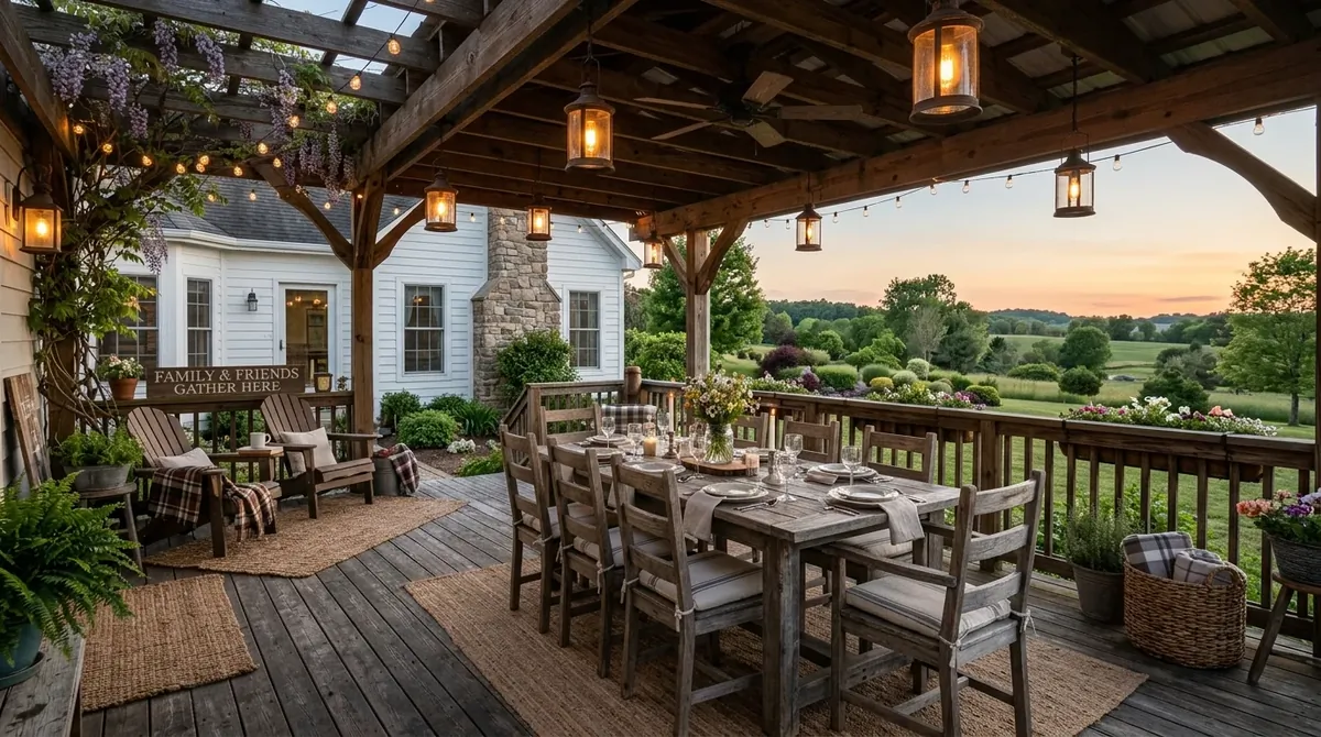 Boho back deck with rugs, woven lanterns, soft cushions, and relaxed texture.