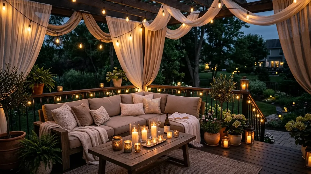 Back deck with built-in bench seating, pillows, and efficient space-saving design.