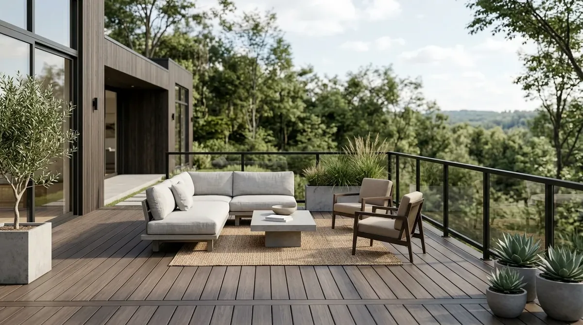 Deck opening toward lush planting beds with cozy chairs and a peaceful view.