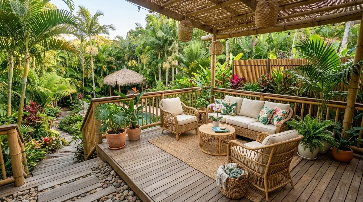 Back deck at dusk with string lights, dining table, and a warm gathering atmosphere.