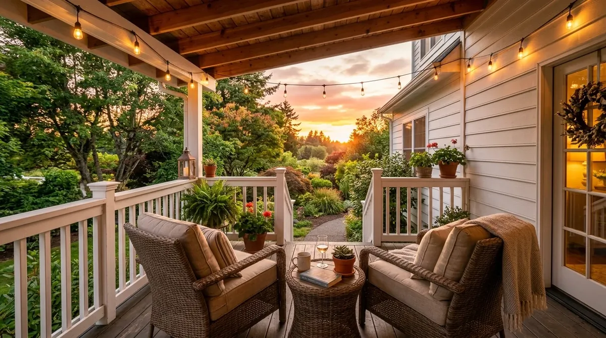 Cozy back porch with wicker seating, string lights, white railings, and warm sunset glow.