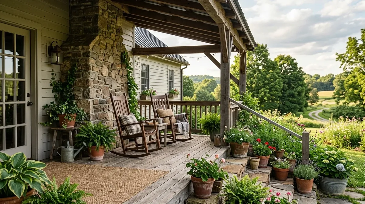 Rustic back porch with reclaimed wood decking, rocking chairs, stone accent wall, and potted greenery.