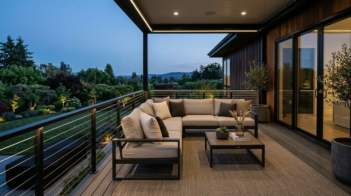 Modern back porch with black railings, minimalist sofa, neutral cushions, and integrated LED lighting.