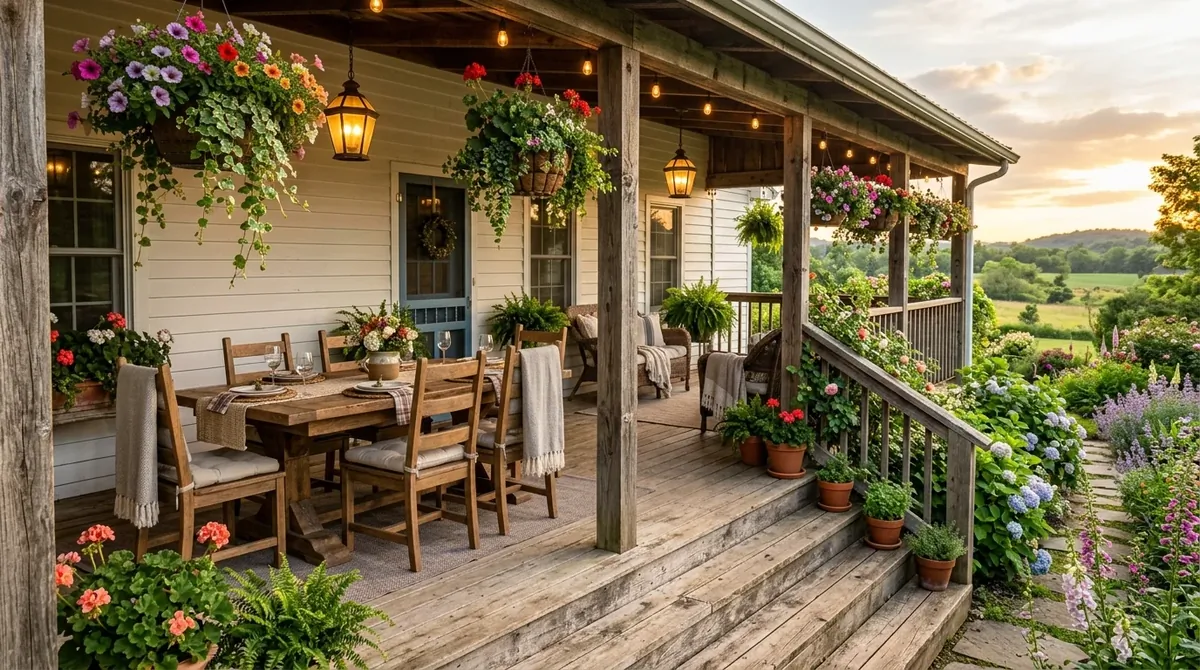 Farmhouse back porch with lanterns, hanging flowers, wide steps, and rustic outdoor dining table.