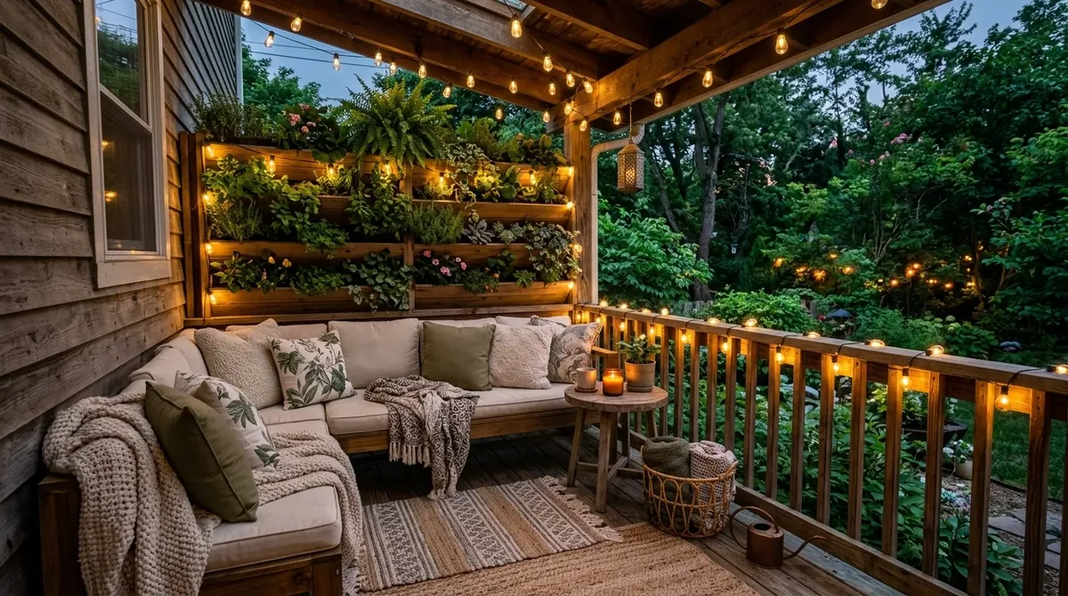 Small cozy back porch with bench seating, rugs, vertical garden wall, and fairy lights.