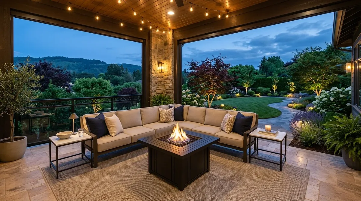 Luxury back porch with sectional seating, marble side tables, fire pit, and elegant garden view.