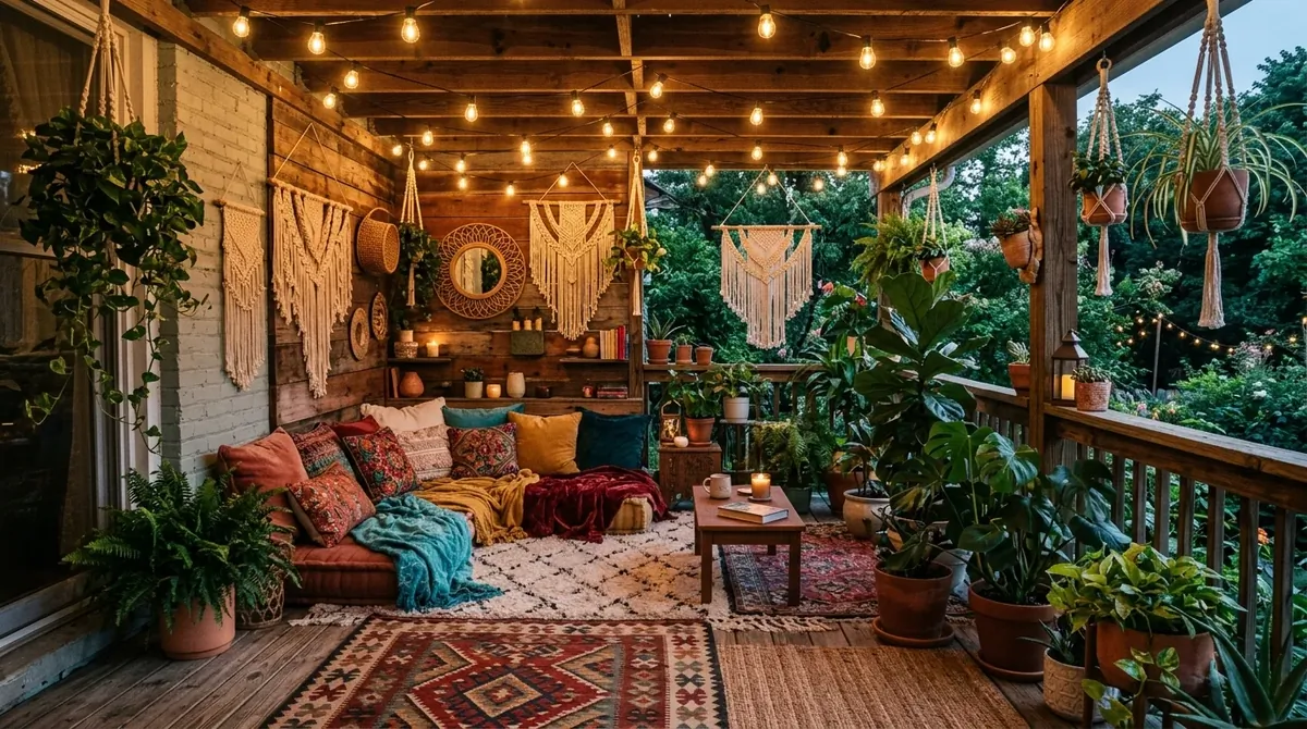 Bohemian back porch with rugs, floor cushions, macrame decor, plants, and golden string lights.
