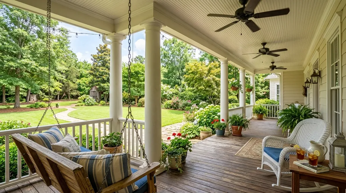 Southern-style back porch with white columns, ceiling fans, swing bench, and breezy backyard views.