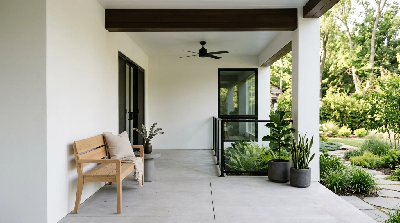 Minimalist back porch with white walls, wood bench, neutral palette, and uncluttered aesthetic.