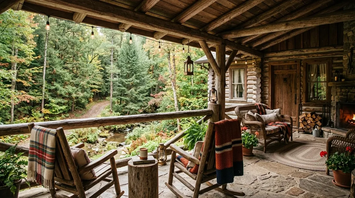 Rustic cabin back porch with exposed beams, stone floor, blankets on chairs, and forest backdrop.